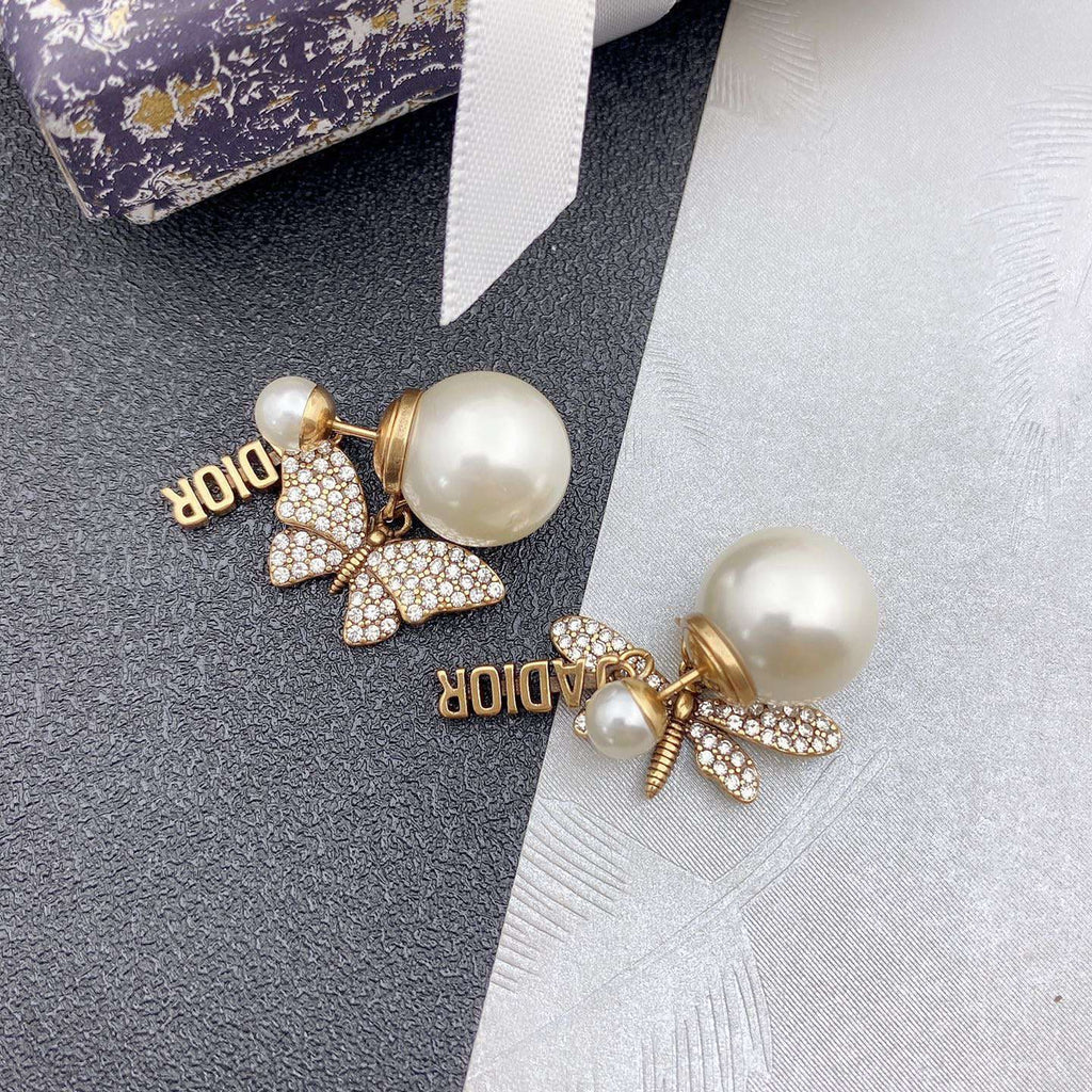 18K Dior Dragonfly/ Butterfly Pearl Earrings