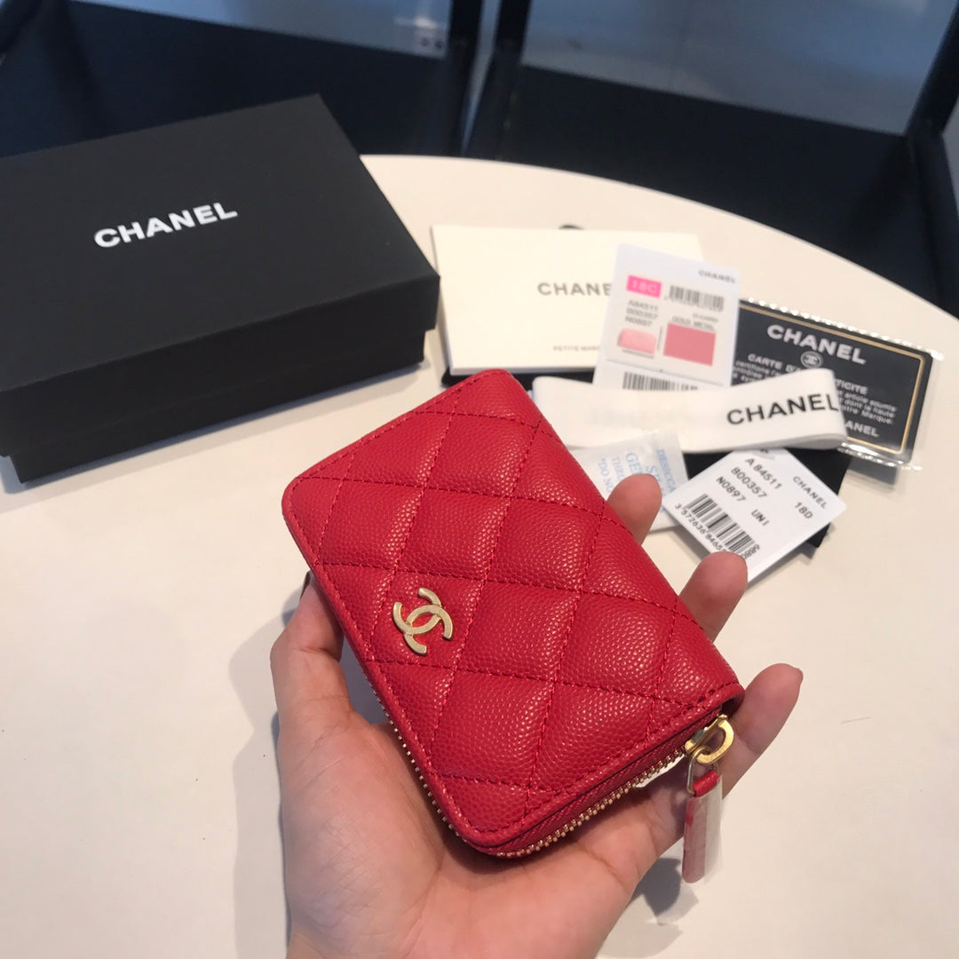 CHANEL ZIPPED CAVIAR PURSE 11 RED CALFSKIN GOLD ICON