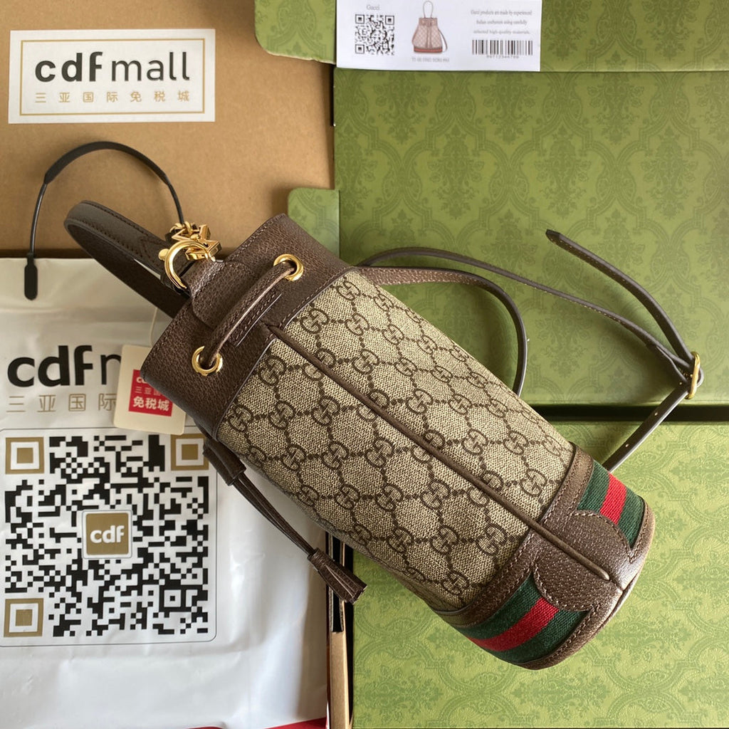 GUCCI OPHIDIA MEDIUM BUCKET BAG 26 WITH WEB IN BEIGE EBONY CANVAS MIX BROWN CALFSKIN