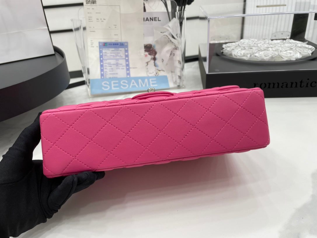 CHANEL 25 CLASSIC SMALL DOUBLE FLAP BAG IN BRIGHT PINK CALFSKIN WITH STRAP
