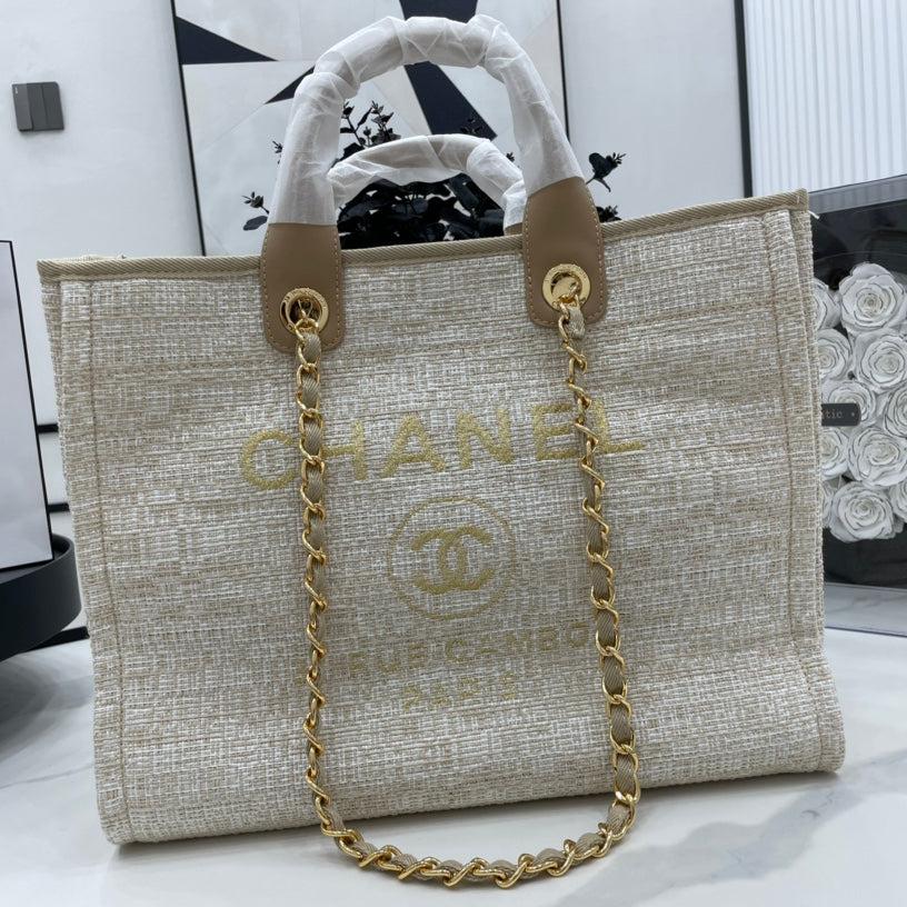 CHANEL DEAUVILLE LARGE 38 TOTE BAG IN BEIGE CANVAS GOLD HARDWARE