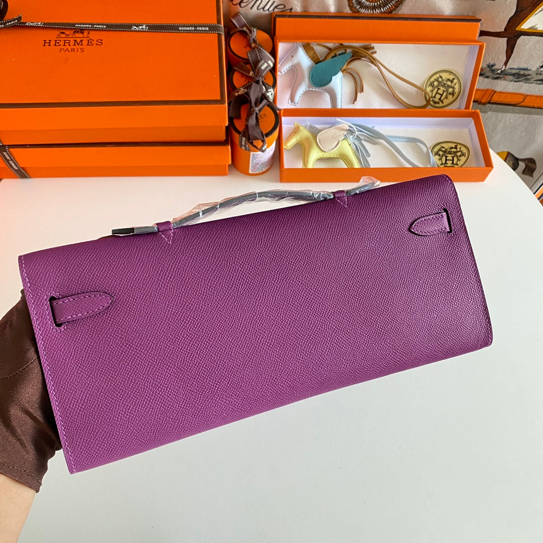 HERMES KELLY CUT 31 IN VIOLET PURPLE CALFSKIN WITH SILVER HARDWARE
