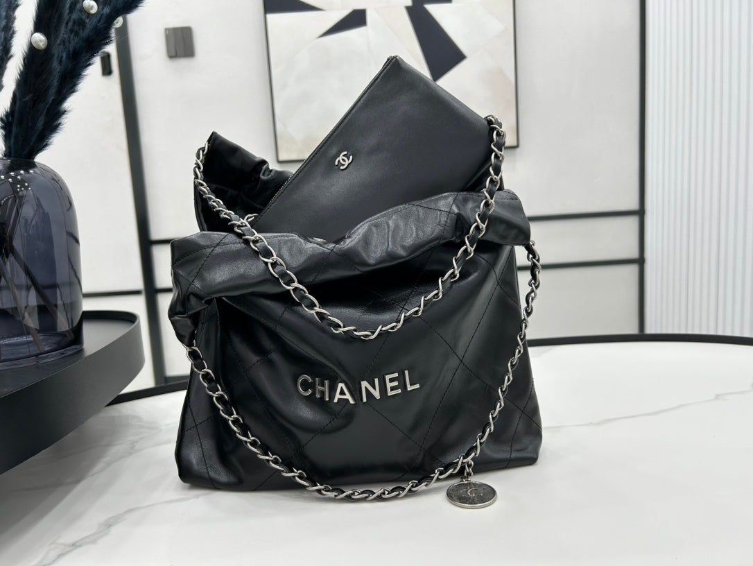 CHANEL MEDIUM 37 HANDBAG IN BLACK CALFSKIN SILVER HARDWARE