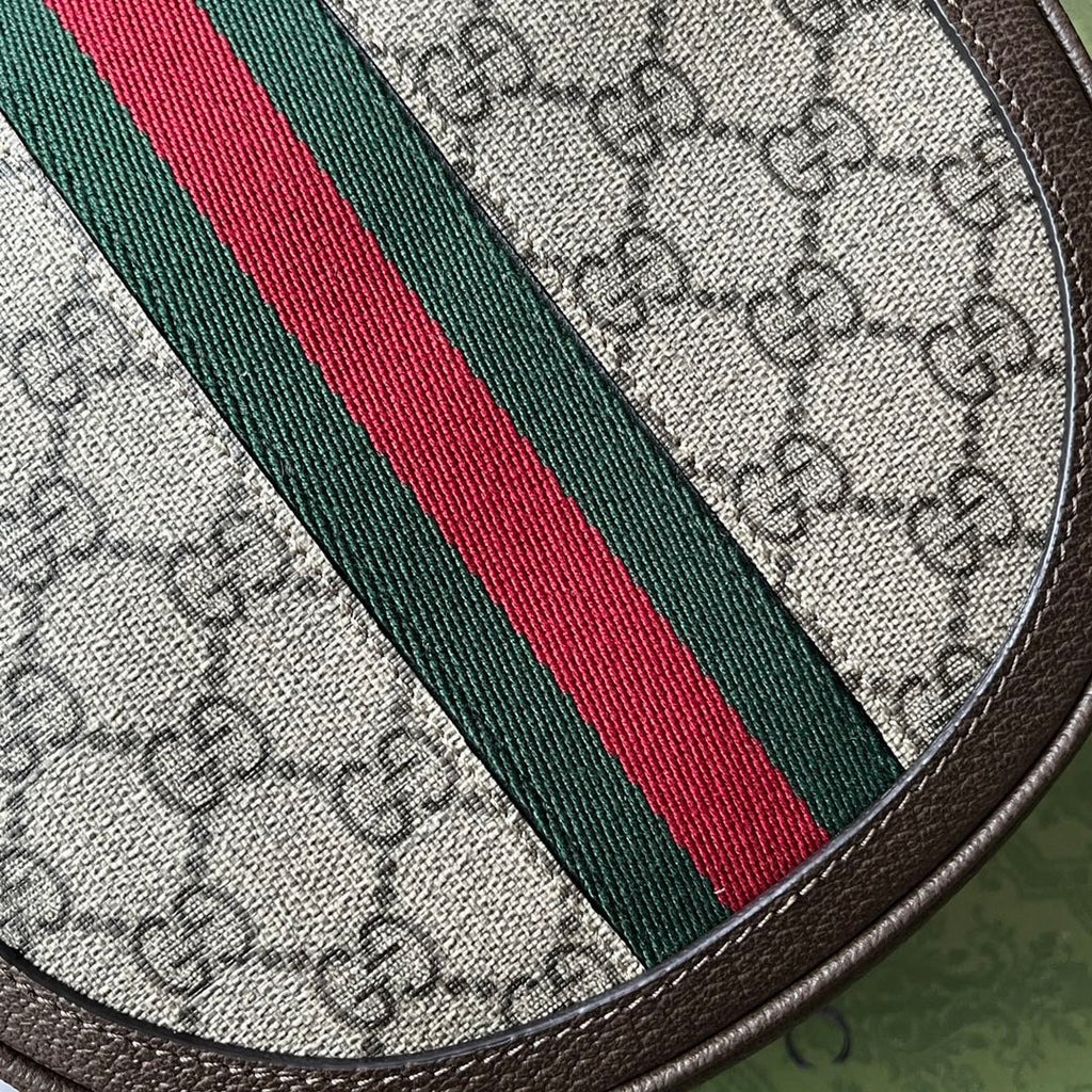 GUCCI OPHIDIA MINI SHOULDER BAG 20 WITH WEB IN BEIGE EBONY CANVAS MIX BROWN CALFSKIN