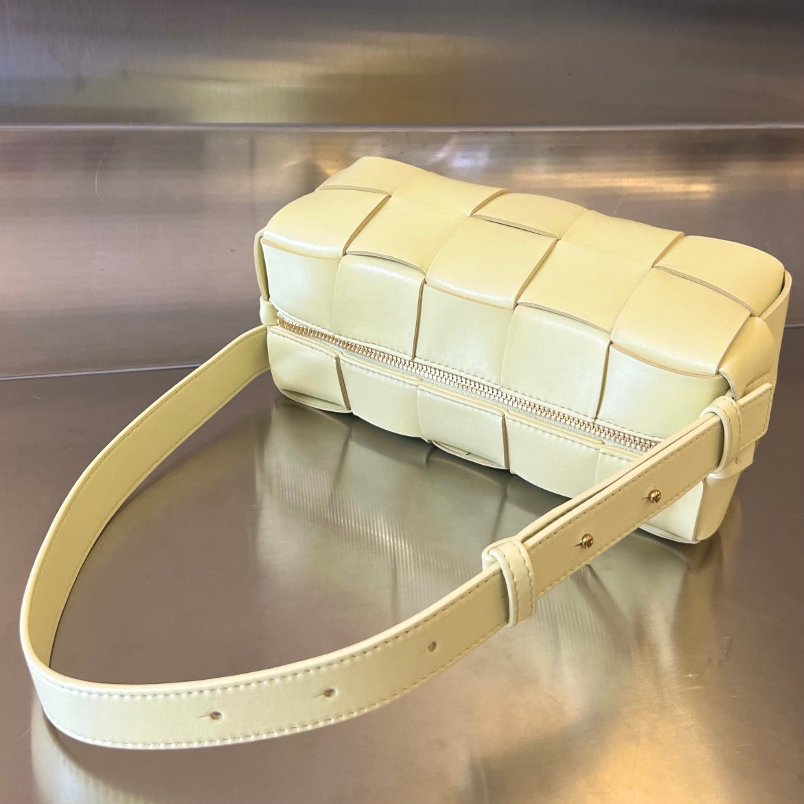 BOTTEGA VENETA BRICK CASSETTE 28 IN PASTEL YELLOW CALFSKIN