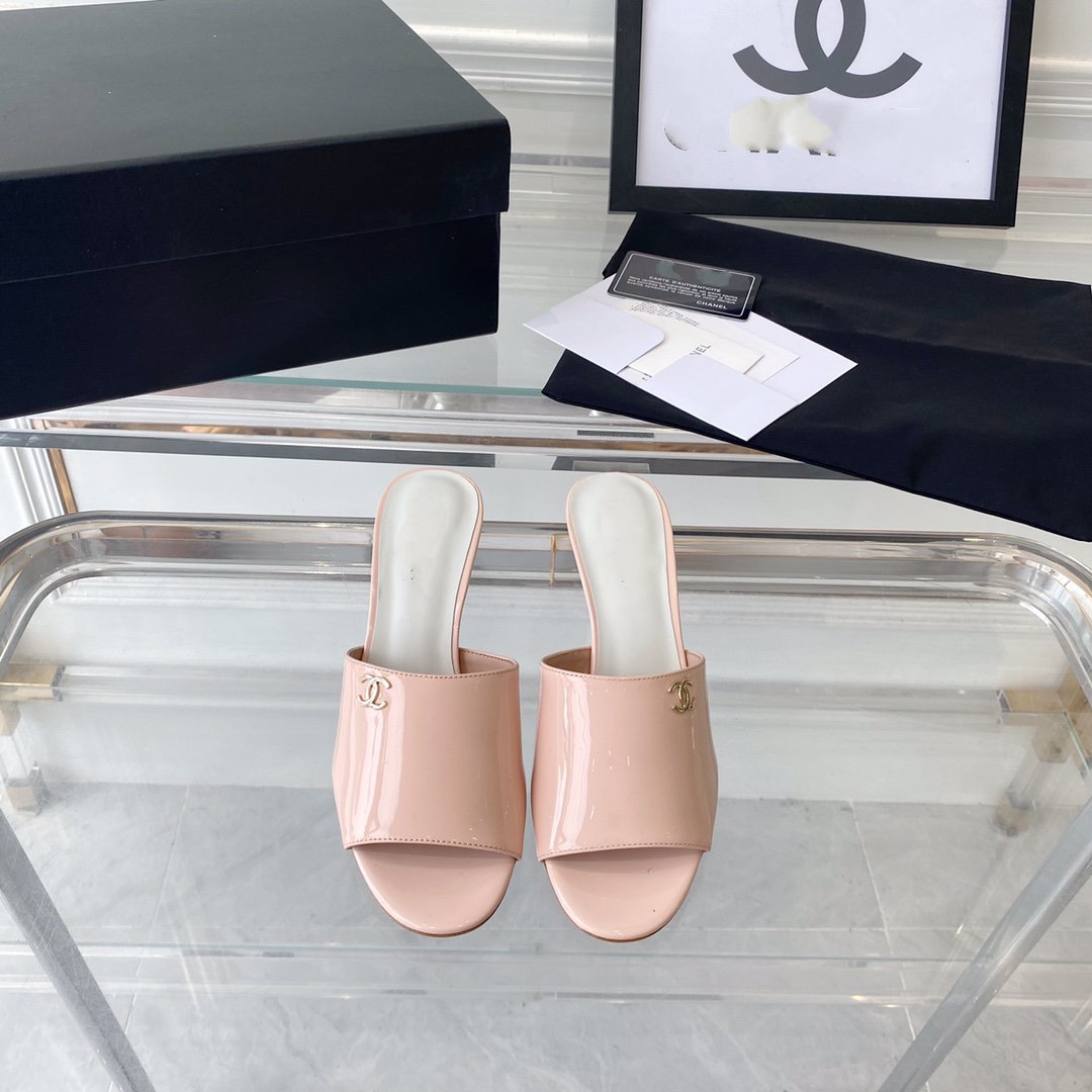 CHANEL high heel 70 mule sandals pink white patent calfskin