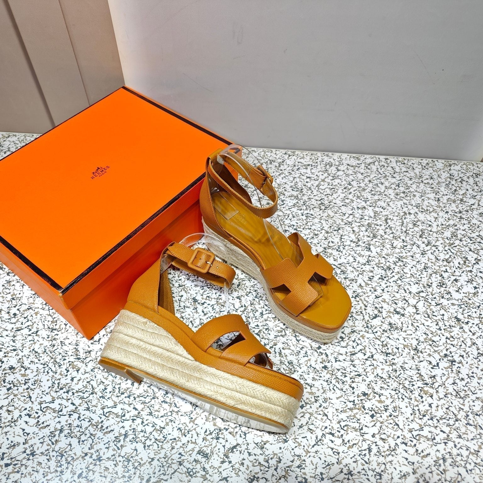 HERMES ELDA ESPADRILLE 80 AMBER CALFSKIN