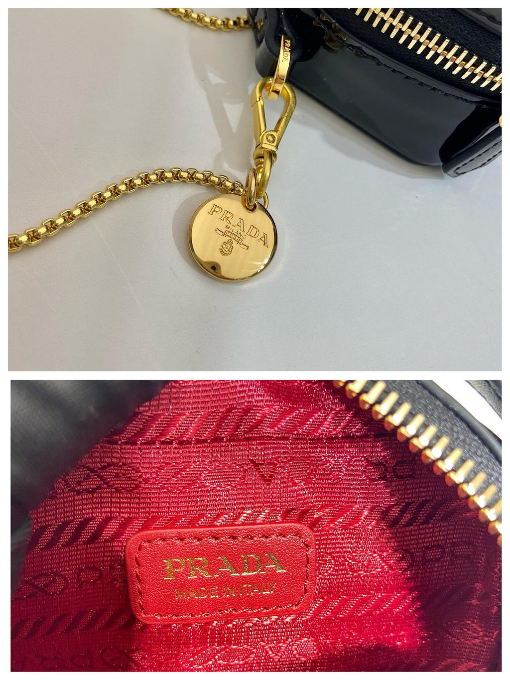 PRADA MINI HAND BAG 11 WITH GOLD STRAP IN BLACK PATENT CALFSKIN