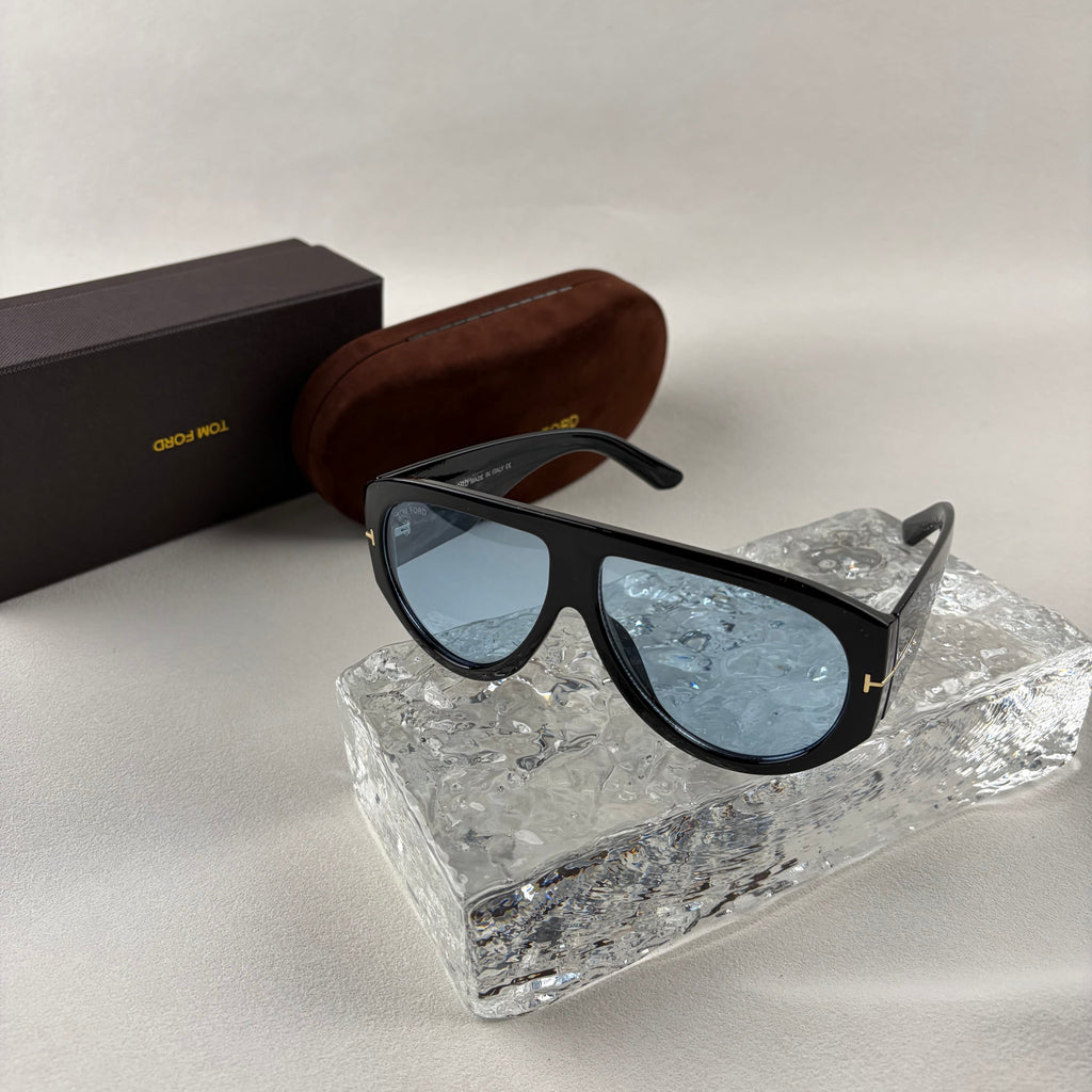 Modern Oversized Aviator Sunglasses, Glossy Black Frame & Blue Lens