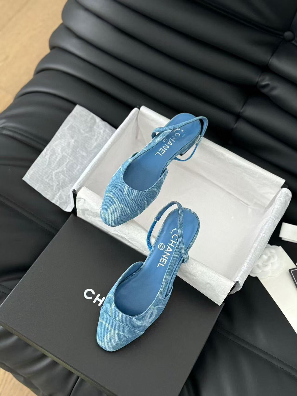 CHANEL FLAT SLINGBACK IN LIGHT BLUE DENIM