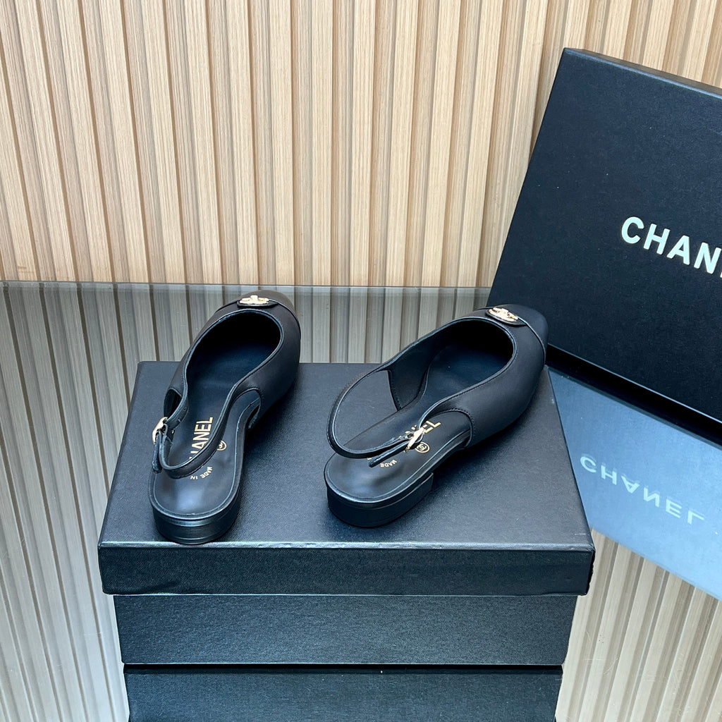 CHANEL 25S SLINGBACK FLATS IN BLACK CALFSKIN GOLD HARDWRE