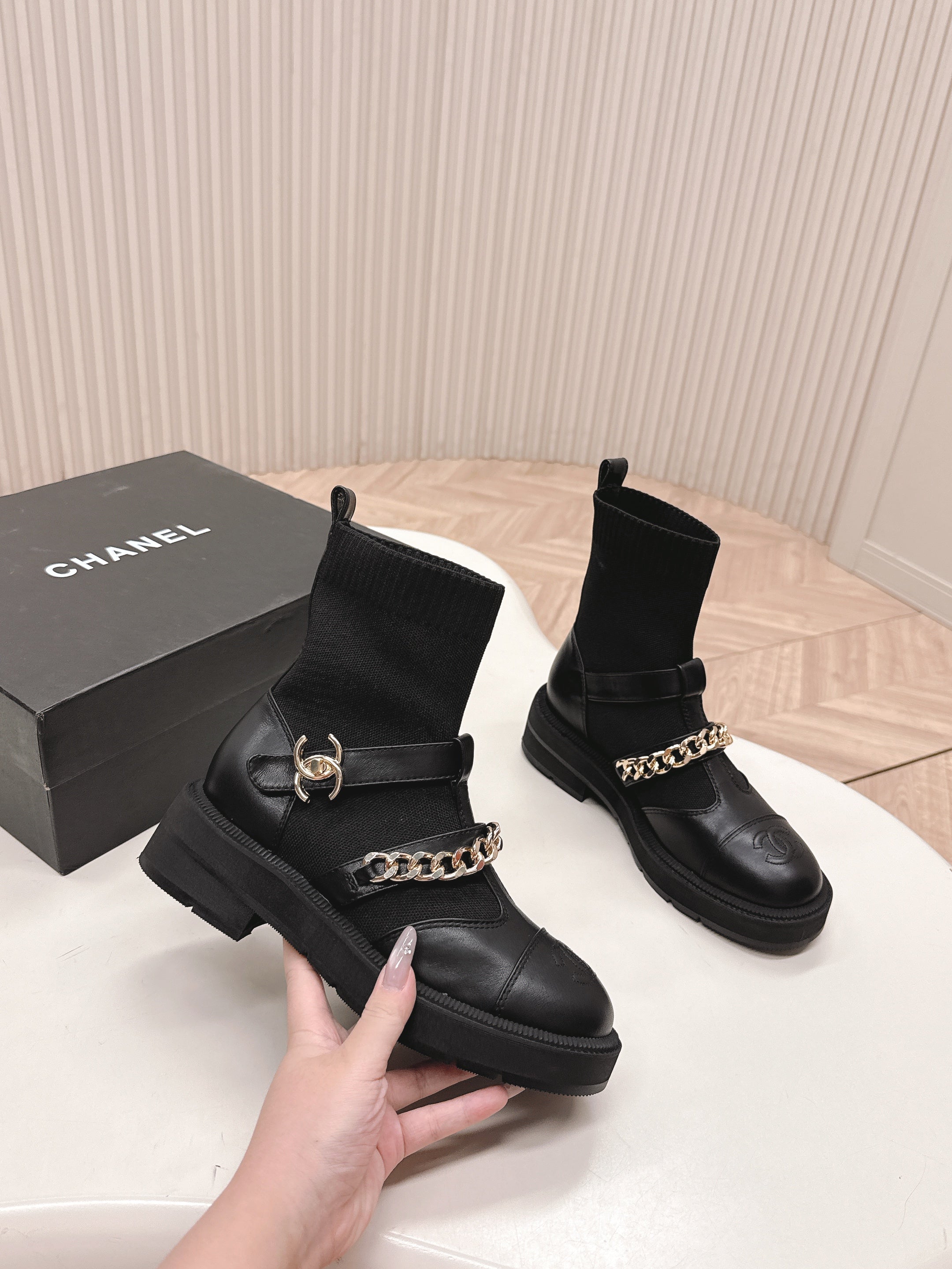 CHANEL ANKLE BOOTS 25S IN BLACK LAMBSKIN AND FABRIC WITH GOLD HARDWARE