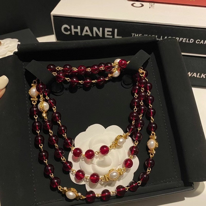 18K  Chanel Long Red & White Pearls Necklace