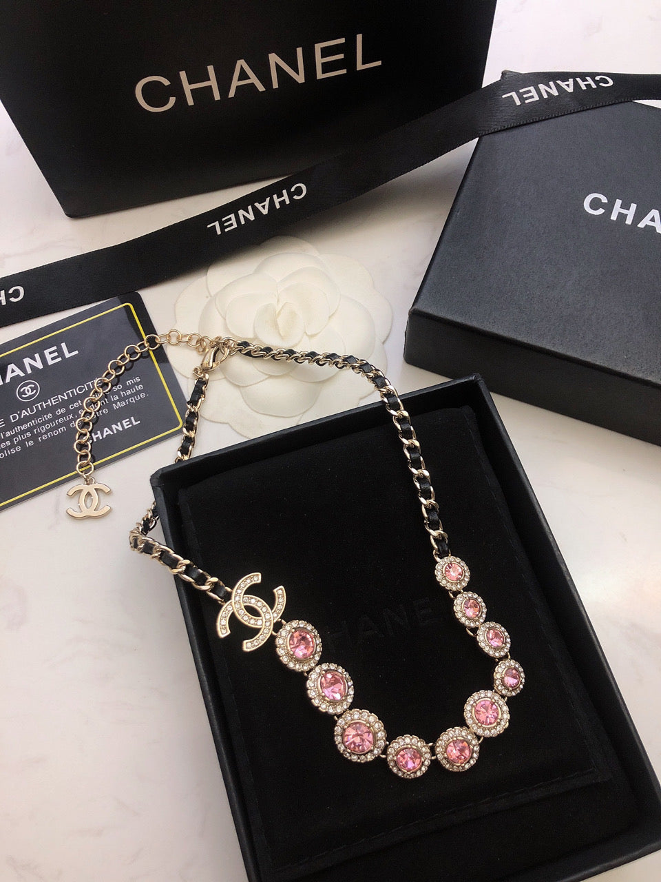 18K  Chanel Pink Crystals Leather Necklace