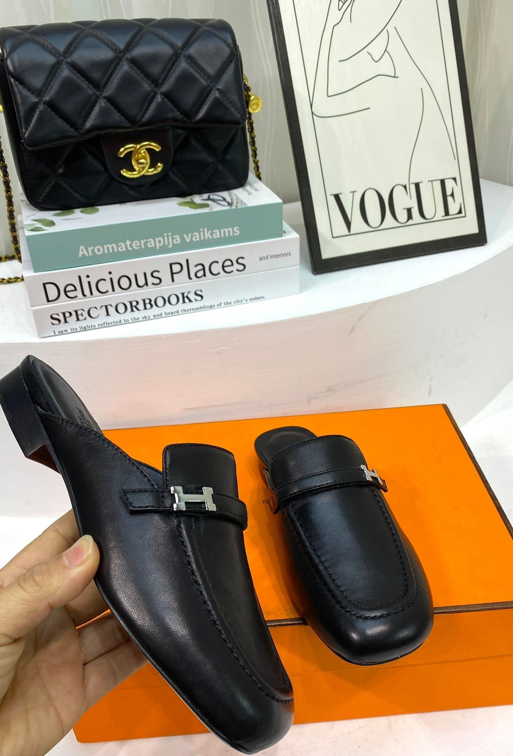 HERMES IENA MULE BLACK CALFSKIN