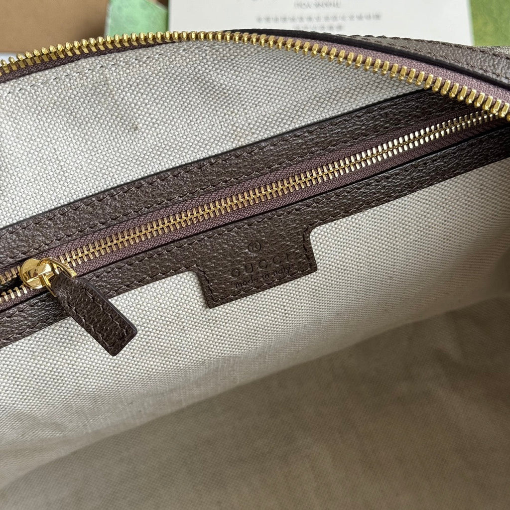 GUCCI OPHIDIA LARGE BOSTON BAG 31 IN BEIGE EBONY  BROWN CALFSKIN TRIM