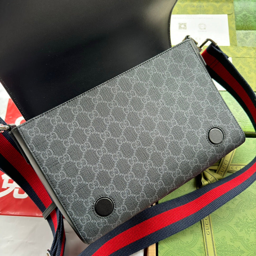 GUCCI OPHIDIA MEDIUM MESSENGER FLAP BAG 27 IN DARK GREY AND BLACK CALFSKIN