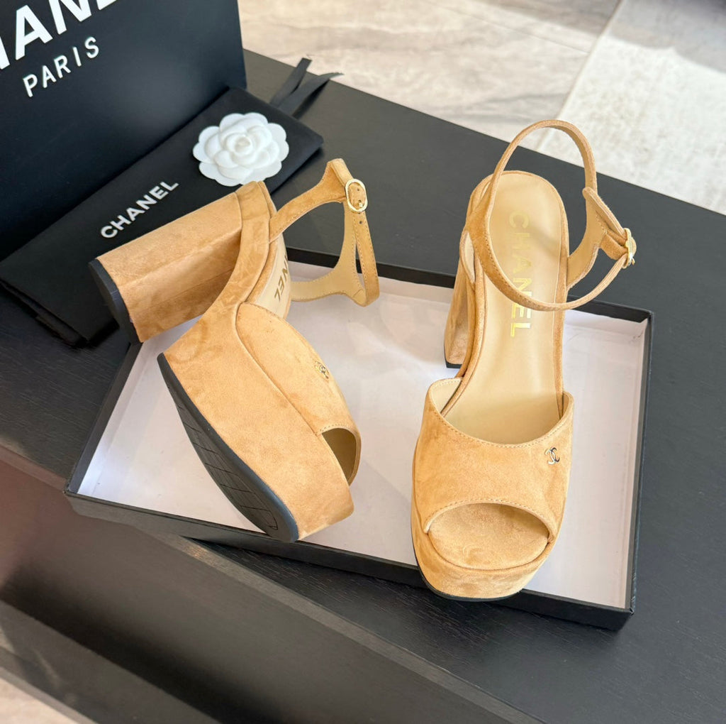 CHANEL HIGH HEEL PLATFORM SANDALS IN SAND YELLOW SUEDE
