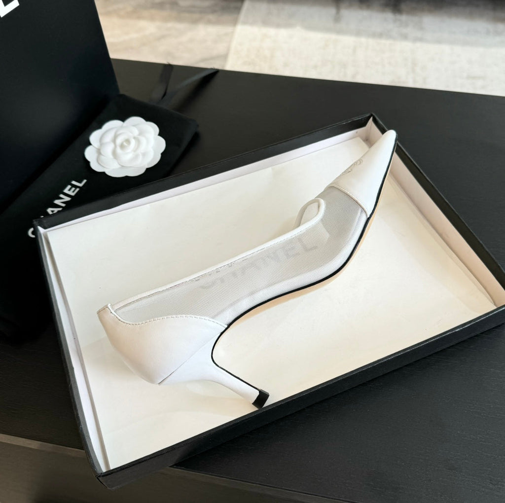 CHANEL MESH LOGO HEELS IN WHITE LAMBSKIN