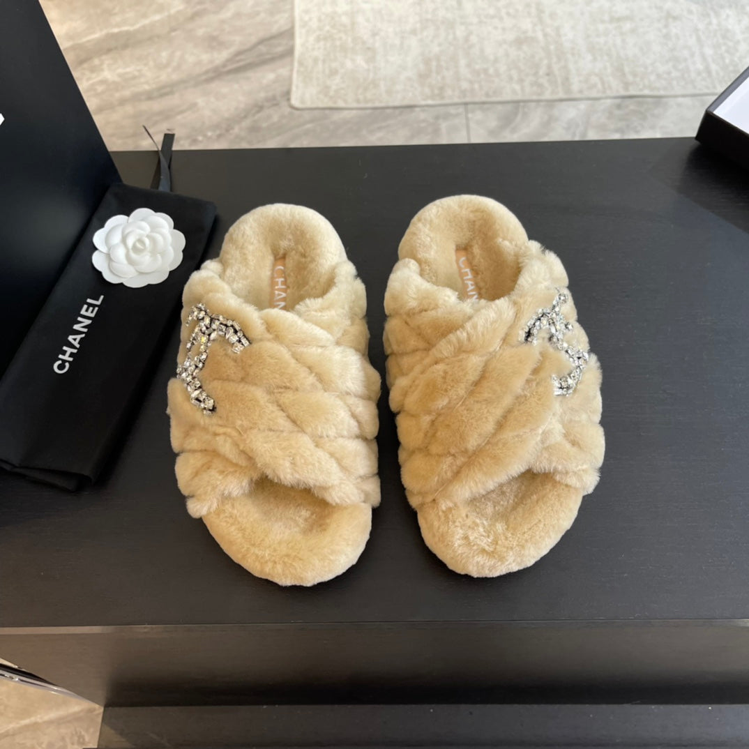 CHANEL BEIGE CREAM FUR CROSS STRAP SLIPPERS