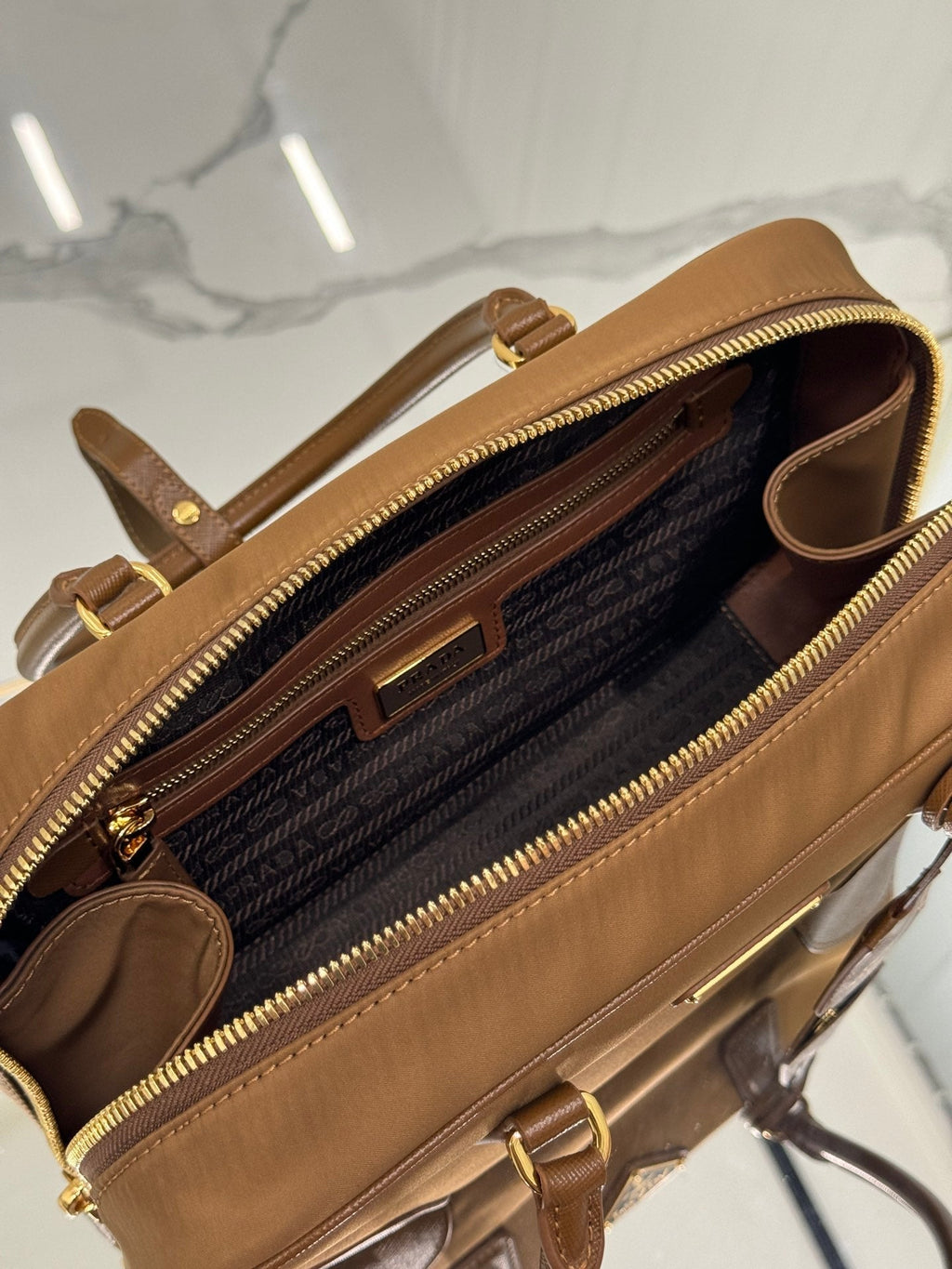 PRADA MEDIUM TOP HANDLE BAG 30 IN CHERRY WOOD NYLON AND CALFSKIN TRIM