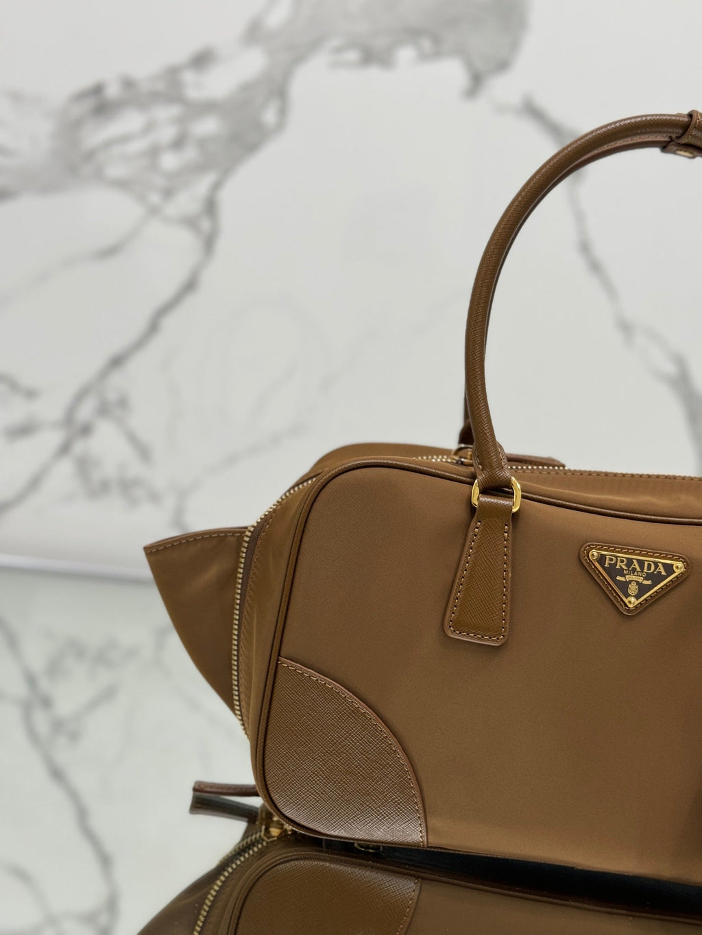 PRADA MEDIUM TOP HANDLE BAG 30 IN CHERRY WOOD NYLON AND CALFSKIN TRIM