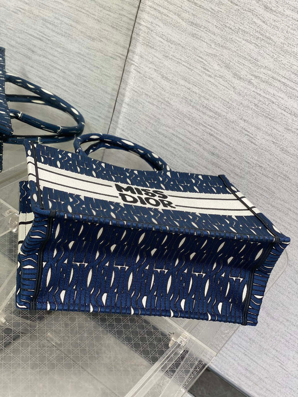 DIOR MISS MEDIUM TOTE 36 IN WHITE MIX DEEP COVE BLUE CANVAS