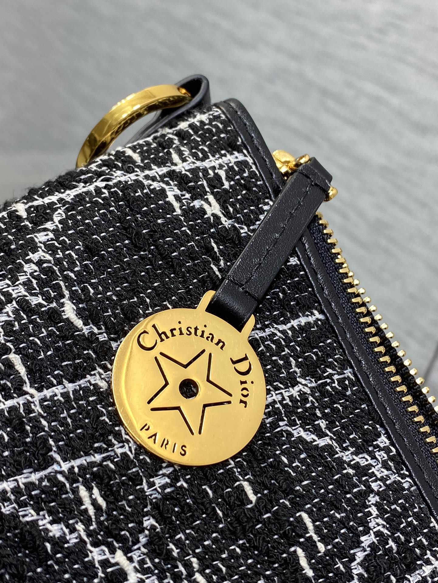 DIOR STAR HOBO 28 BAG WITH CHAIN BLACK MIX WHITE CANNAGE TWEED WITH GOLD HARDWARE