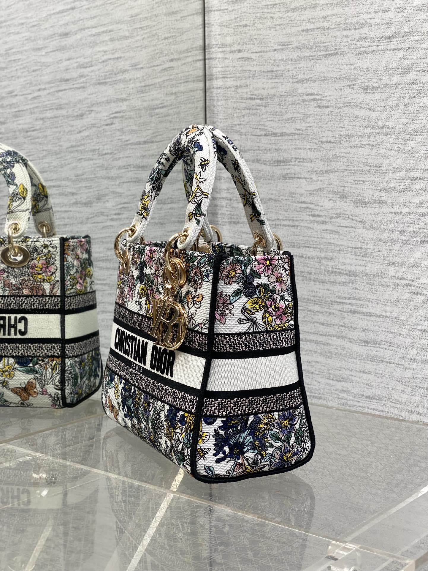 DIOR 25S SMALL LADY D-LITE BAG 24 IN MULTICOLOR  FLOWERS CALENDAR ALLOVER EMBROIDERY