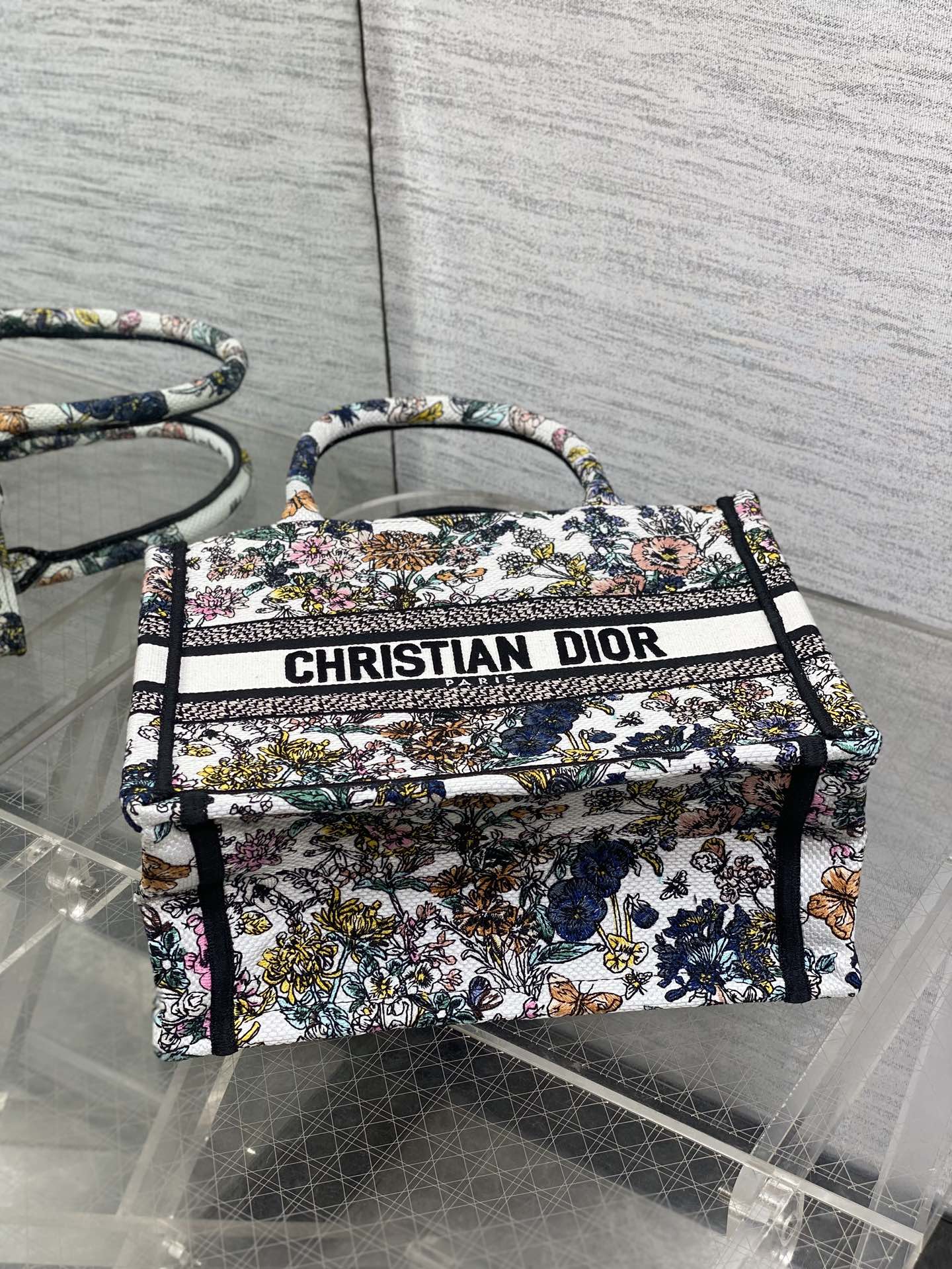 DIOR 25S LUCKY SMALL DIOR BOOK TOTE 26 IN MULTICOLOR DIOR FLOWERS CALENDAR ALLOVER EMBROIDERY