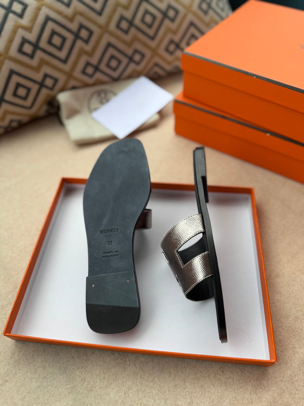 HERMES 0RAN SANDALS IN LIGHT GOLD CALFSKIN
