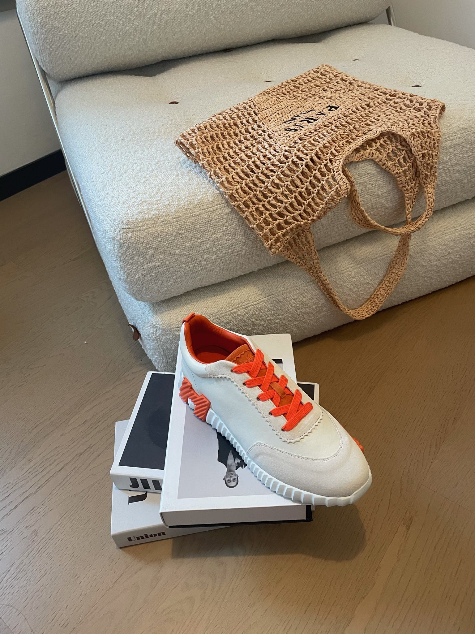 HERMES BOUNCING SNEAKERS WHITE CALFSKIN WITH ORANGE LACES