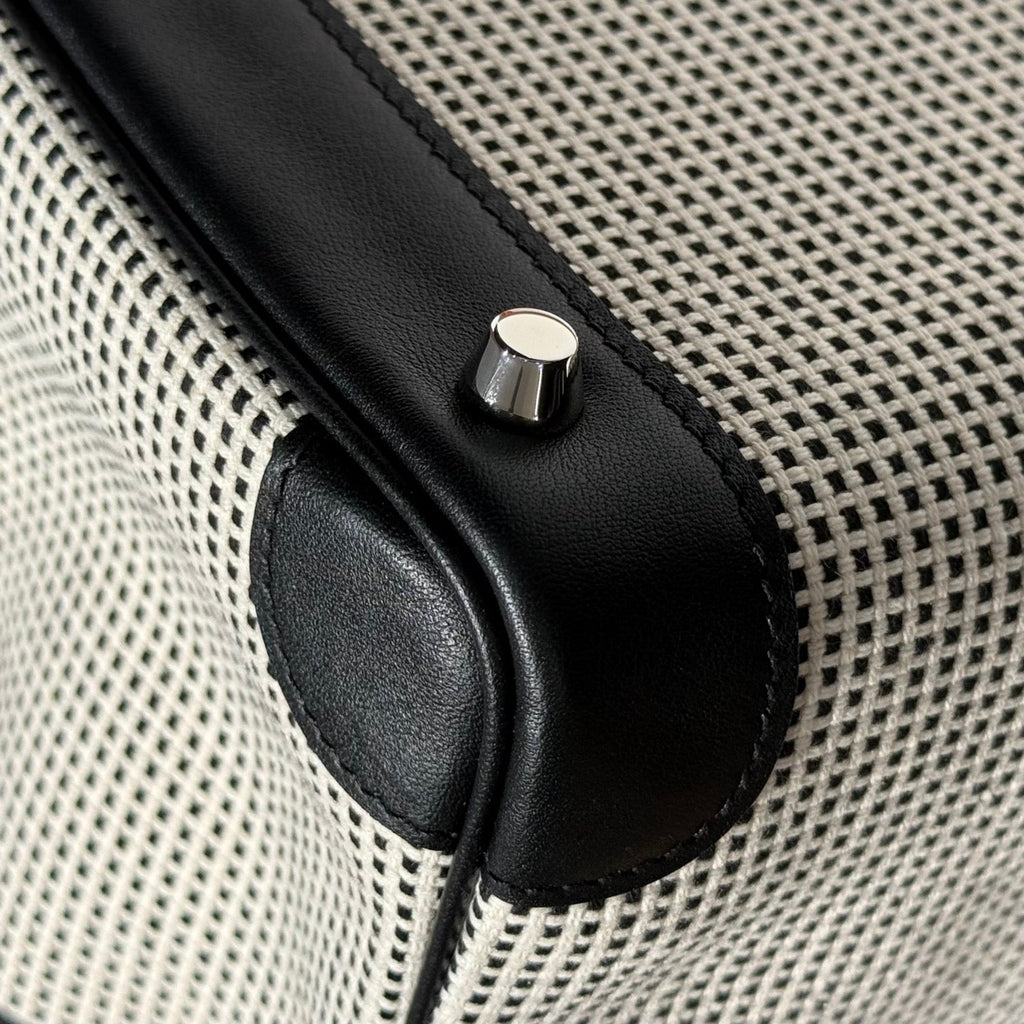 HERMES QUADRILLE BIRKIN 25CM IN BLACK SWIFT CALFSKIN WHITE BLACK PLAID TOILE CANVAS