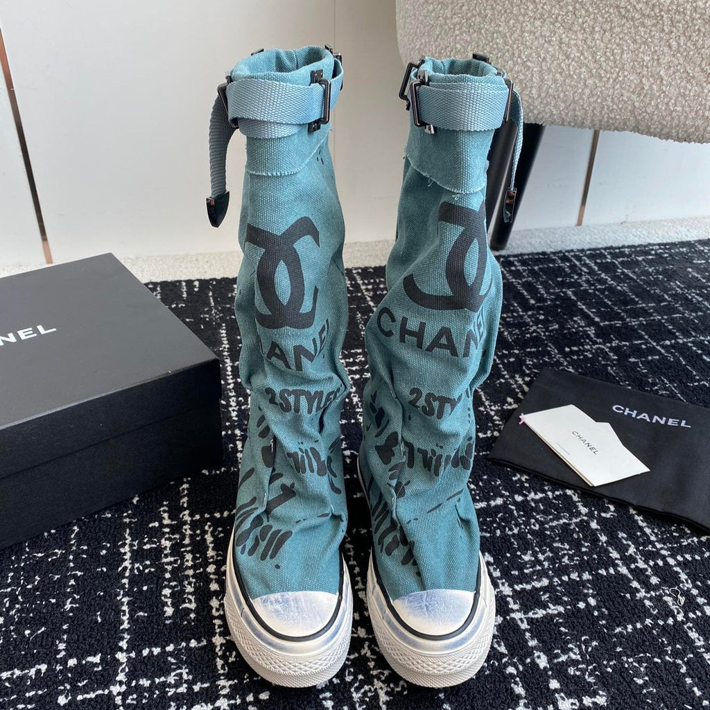 CHANEL HIGH BOOTS IN SAPPHIRE BLUE CANVAS