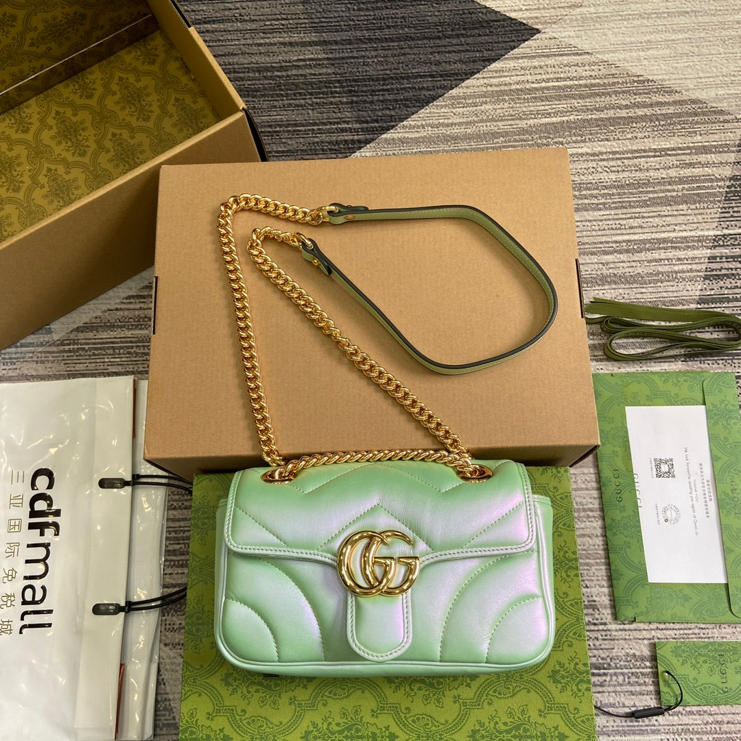 GUCCI MARMONT 23 SMALL SHOULDER BAG GREEN IRIDESCENT CALFSKIN