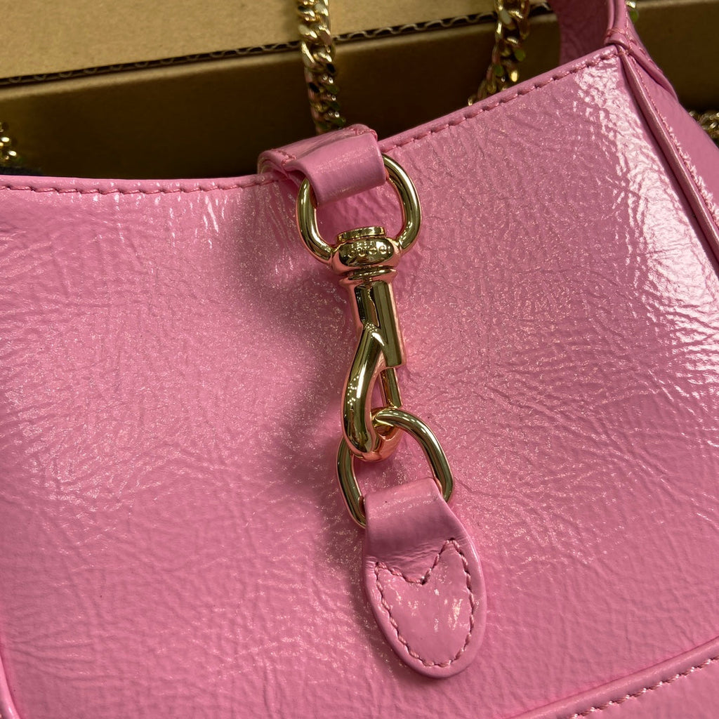 GUCCI JACKIE NOTTE MINI BAG 19 IN PINK CRACKED LACQUER CALFSKIN GOLD HARDWARE