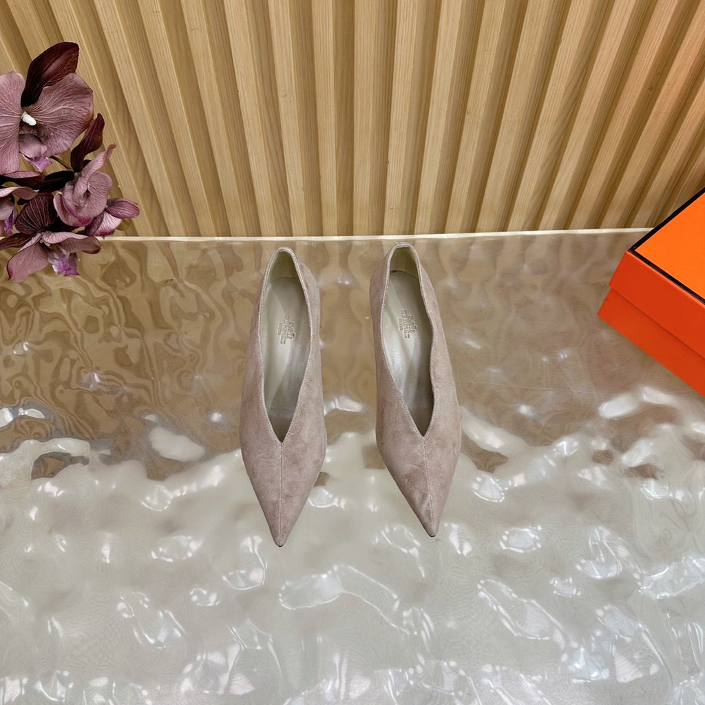 HERMES 25S HIGH-HEEL WEDGE SHOES 50 MM IN DUSTY BEIGE SUEDE
