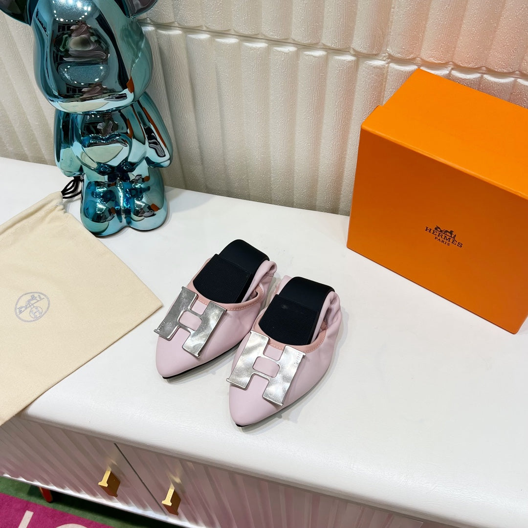 HERMES H-BUCKLE BALLLET FLAT LIGHT PINK CALFSKIN