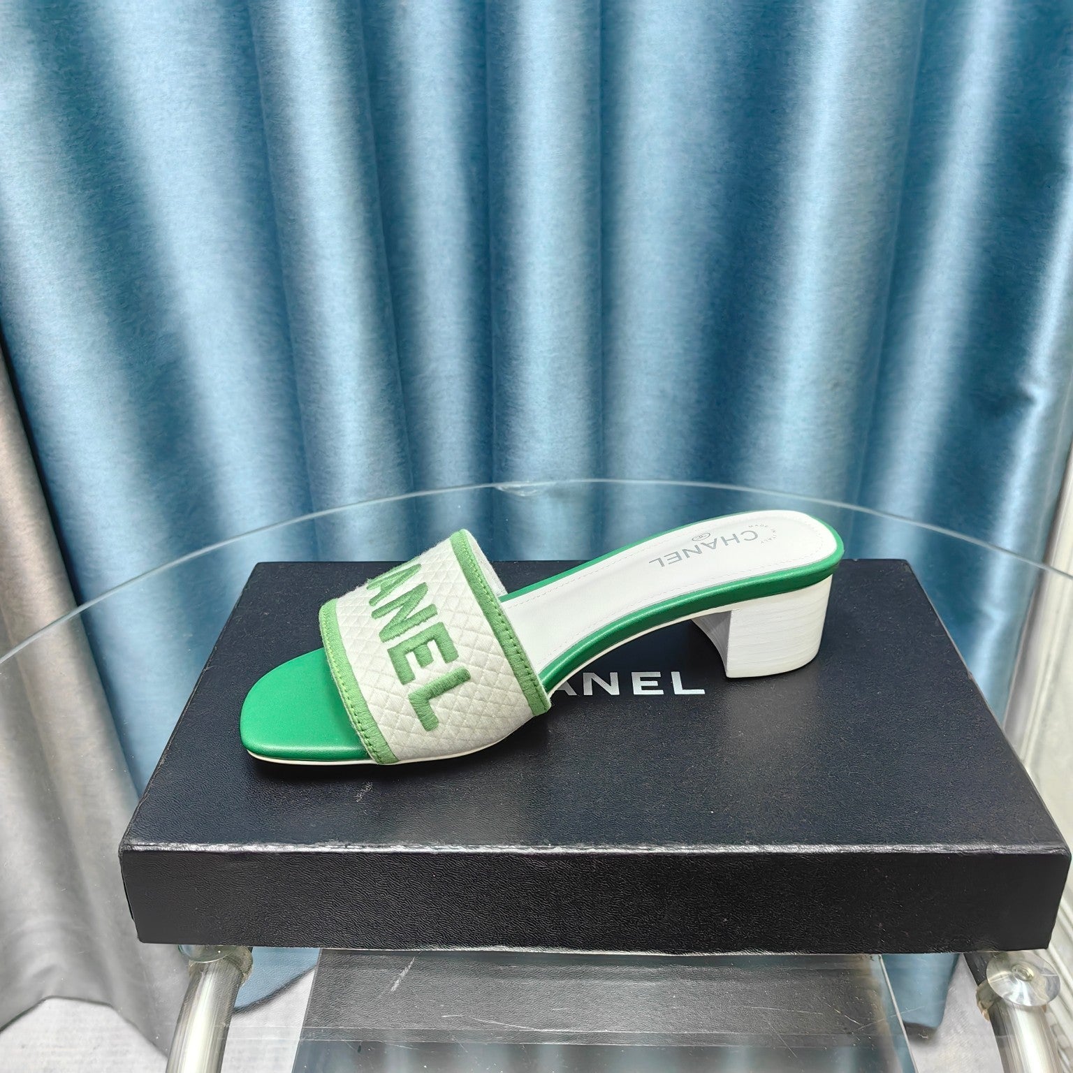 CHANEL MULE SANDAL 45 WHITE MIX LIGHT GREEN FABRIC EMBROIDERY
