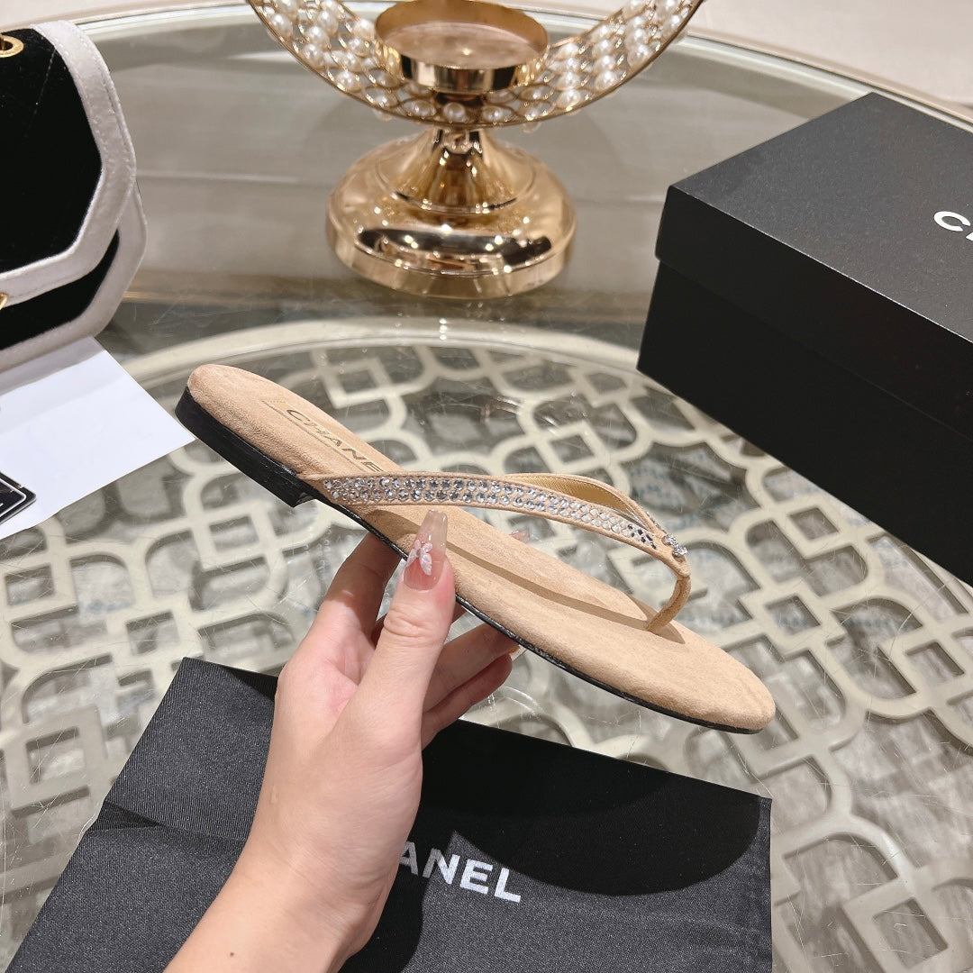 CHANEL RHINESTONES THONG SANDAL IN SEPIA TAN SUEDE