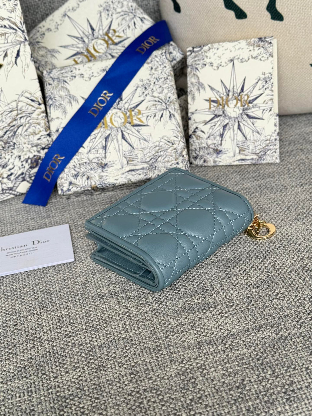 DIOR MINI LADY GARDENIA WALLET 11 IN SLATE GREY QUILTED CALFSKIN