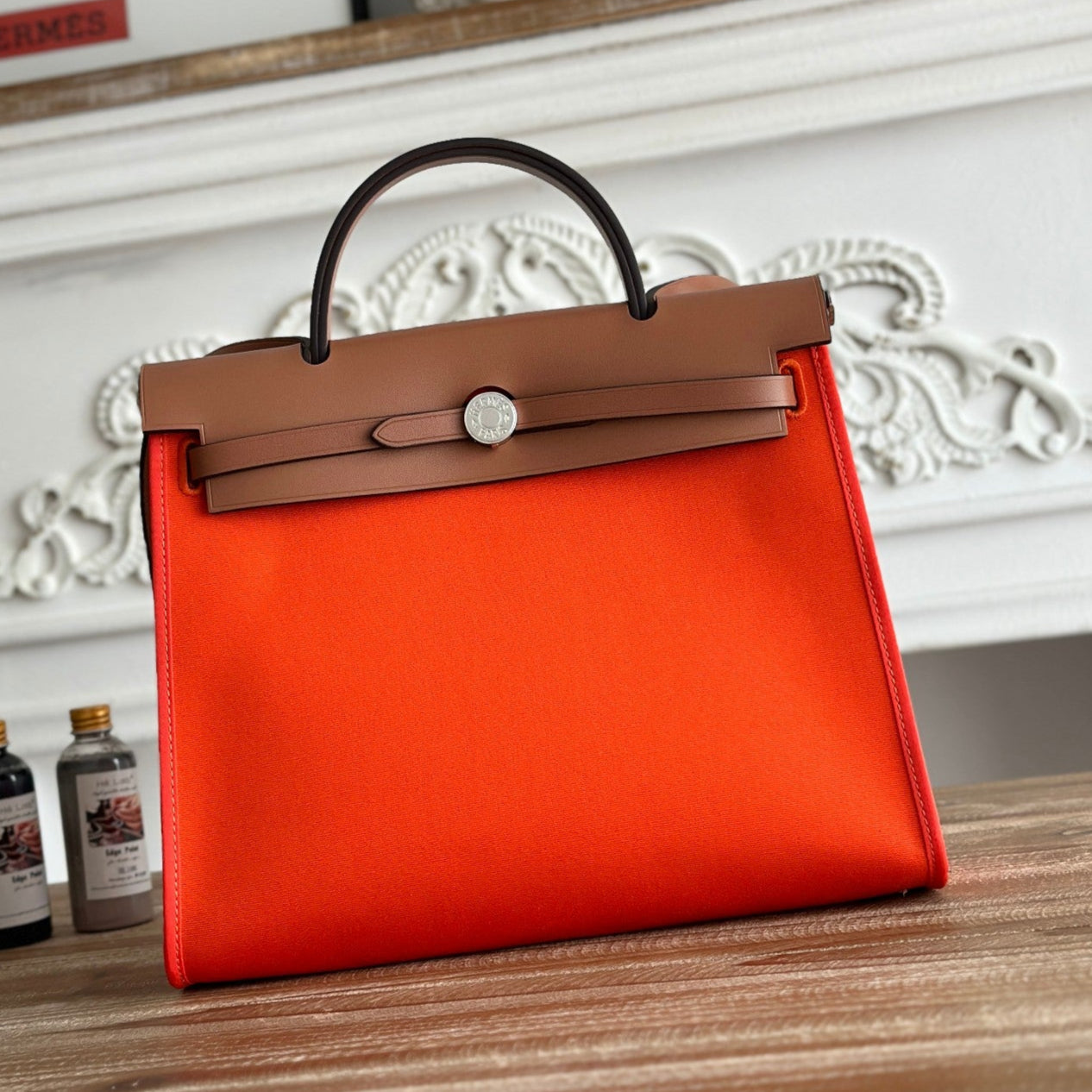 HERMES ZIP CABINE 31 BAG IN FIRE ORANGE CANVAS AND BRONZE BROWN CALFSKIN