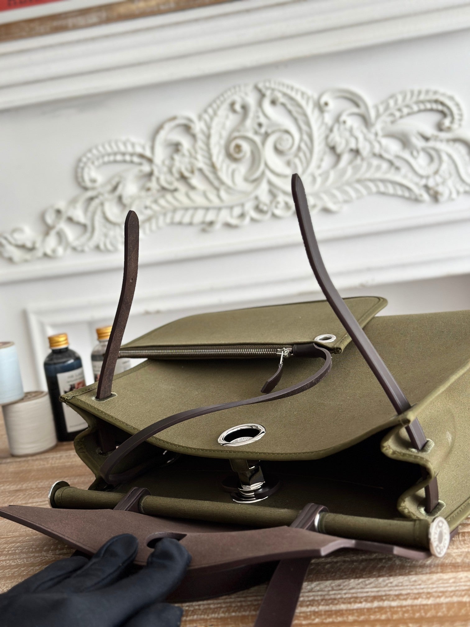HERMES ZIP CABINE 31 BAG IN OLIVE GREEN CANVAS AND BLACK CALFSKIN
