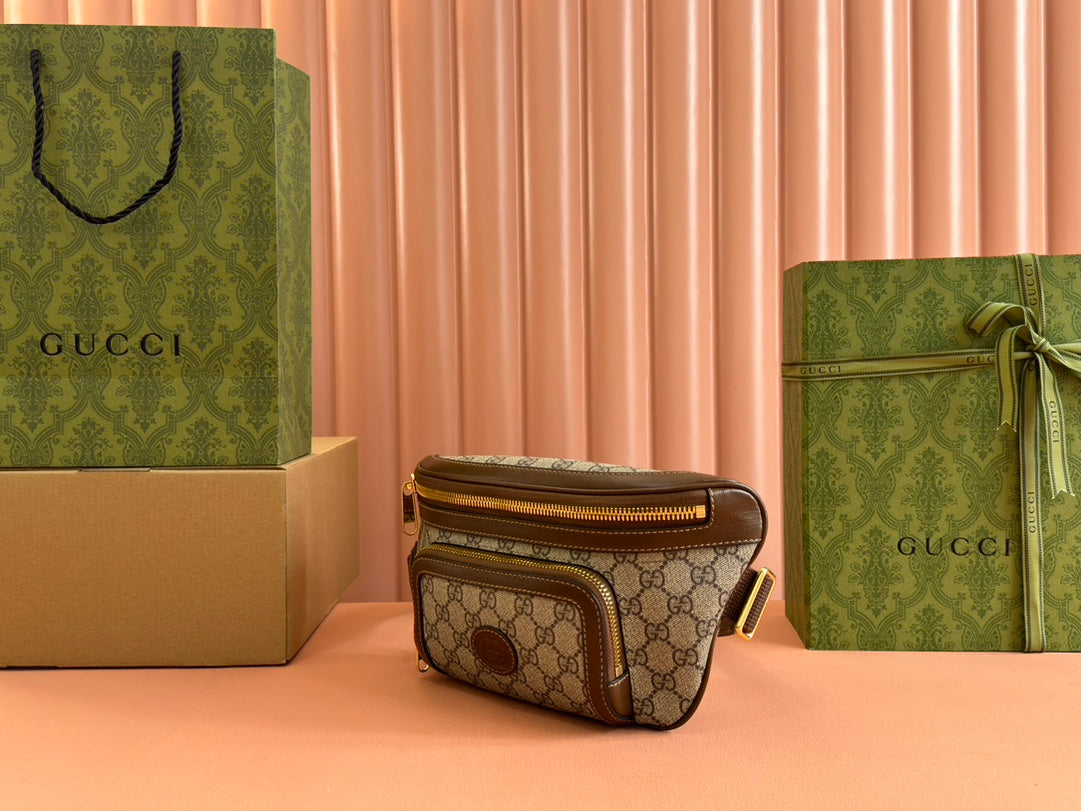 GUCCI OPHIDIA BELT BAG 28 IN BROWN AND BEIGE  CALFSKIN
