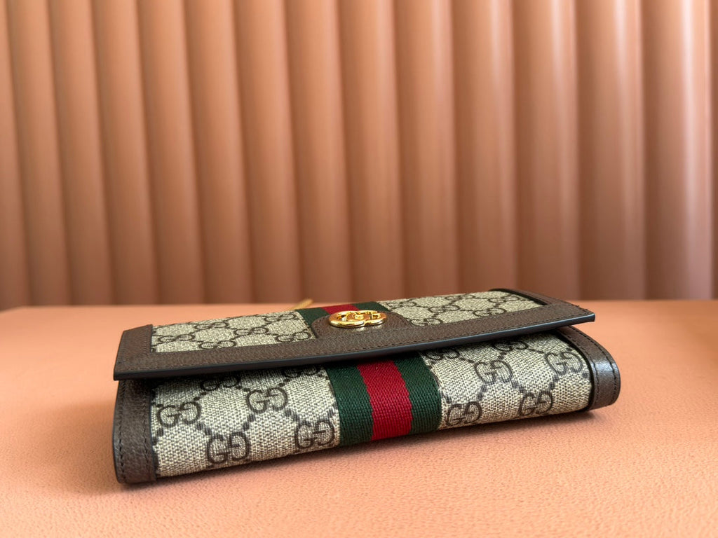 GUCCI OPHIDIA WALLET ON GOLD CHAIN 19 IN BEIGE AND DARK BROWN CANVAS AND BROWN CALFSKIN