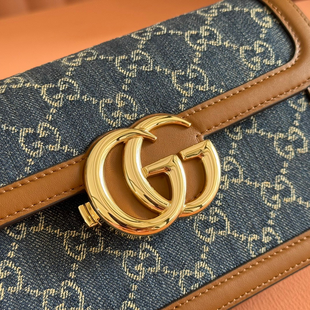 GUCCI GO SMALL SHOULDER BAG 21.5 IN BLUE DENIM BROWN CALFSKIN