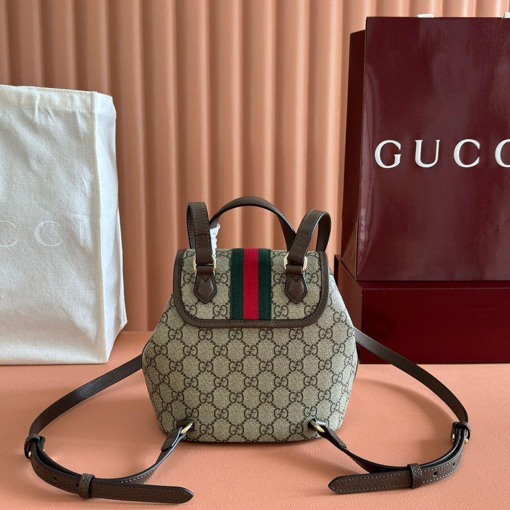 GUCCI 25S OPHIDIA SMALL BACKPACK 20 IN BEIGE AND EBONY CALFSKIN