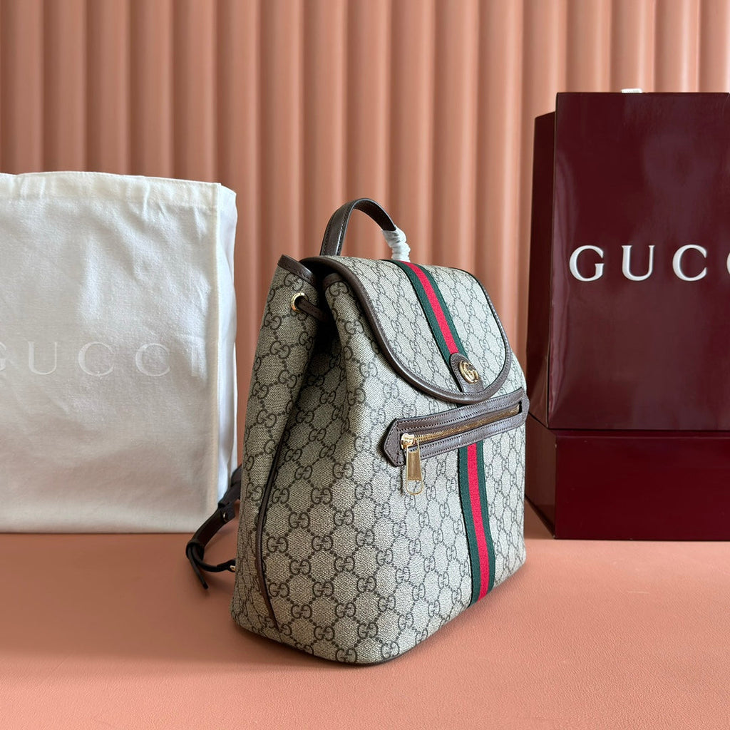 GUCCI 25S OPHIDIA MEDIUM BACKPACK 30 IN BEIGE AND EBONY CALFSKIN