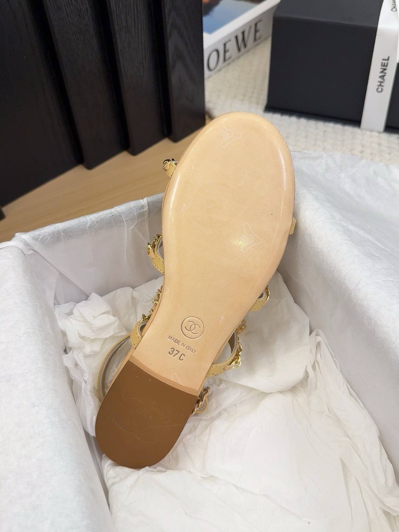CHANEL THREE-STRAPS SANDALS IN SAND YELLOW CALFSKIN WITH GOLD HARDWARE