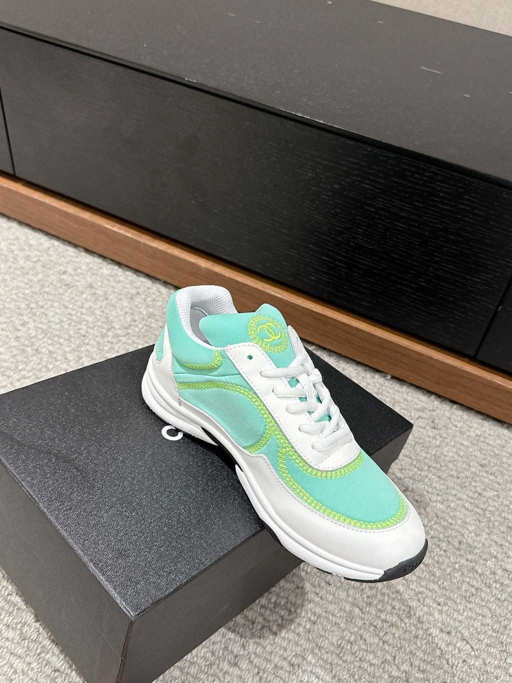 CHANEL CLASSIC TRAINER IN MINT GREEN MIX WHITE FABRIC